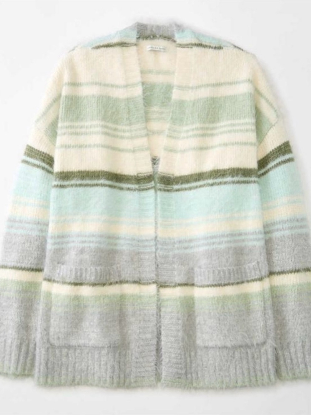 American Eagle Outfitters Striped Open-Front Cardigan - Sage, Cream & Gray